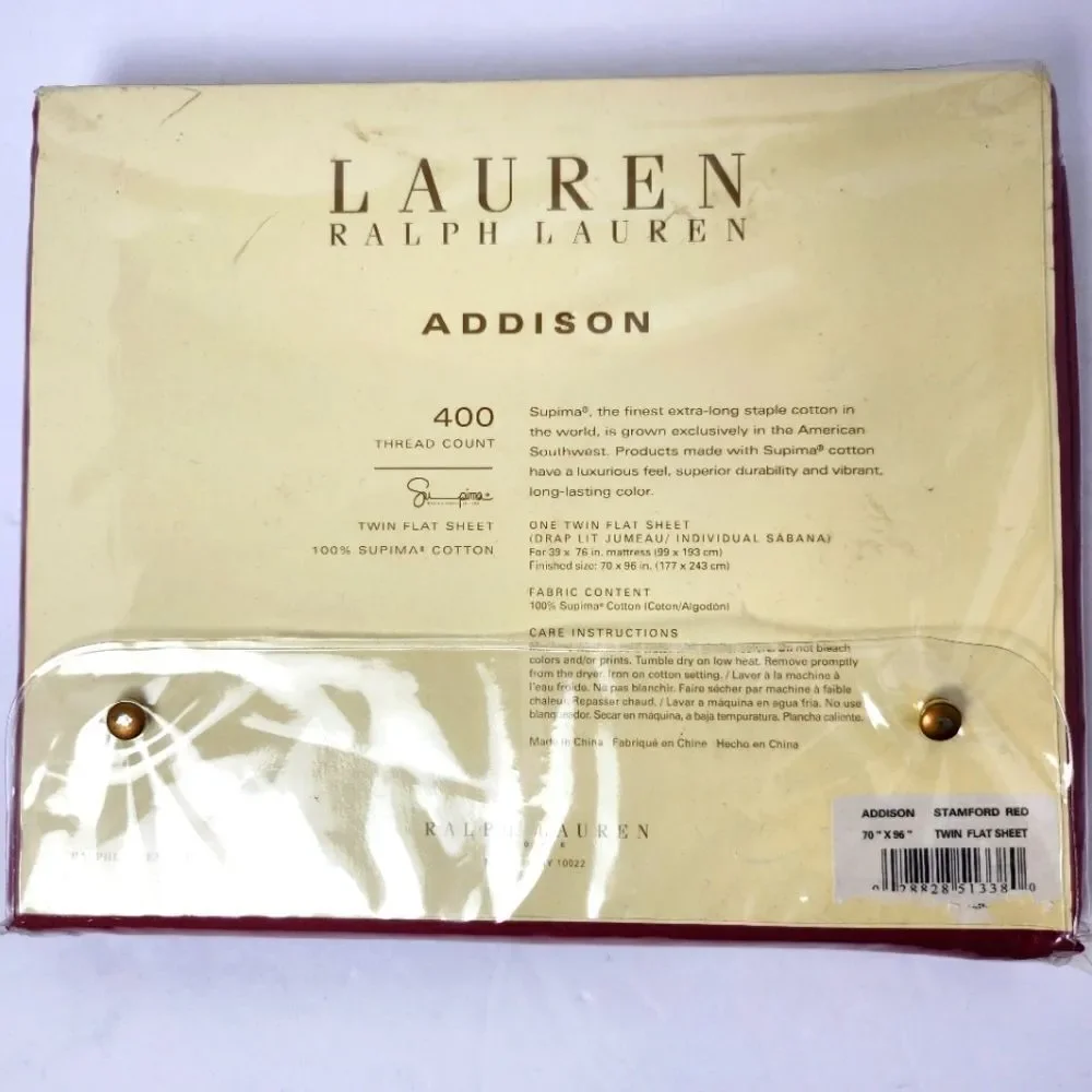 Lauren Ralph LaurenTwin Flat Sheet 400 TC 100% Supima Cotton Addison StamfordRed